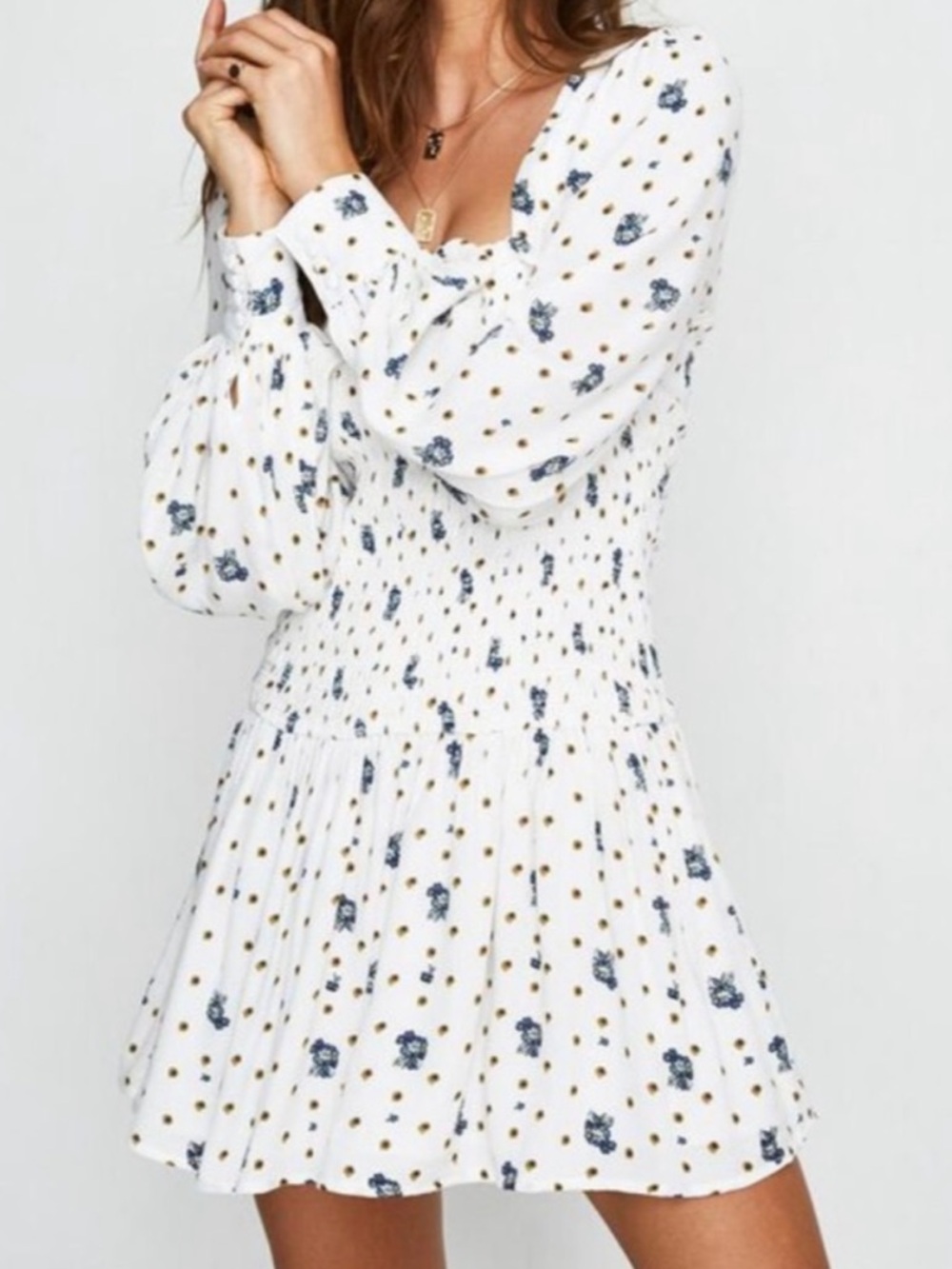 Free People white ivory Two Faces Smocked Floral Mini Dress women’s size M